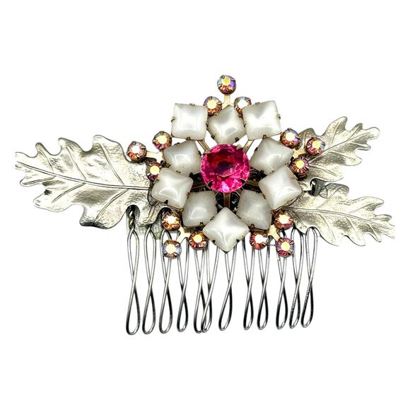 Bridal Hair Comb Winter Wedding Accessory Silver Leaf Winter White